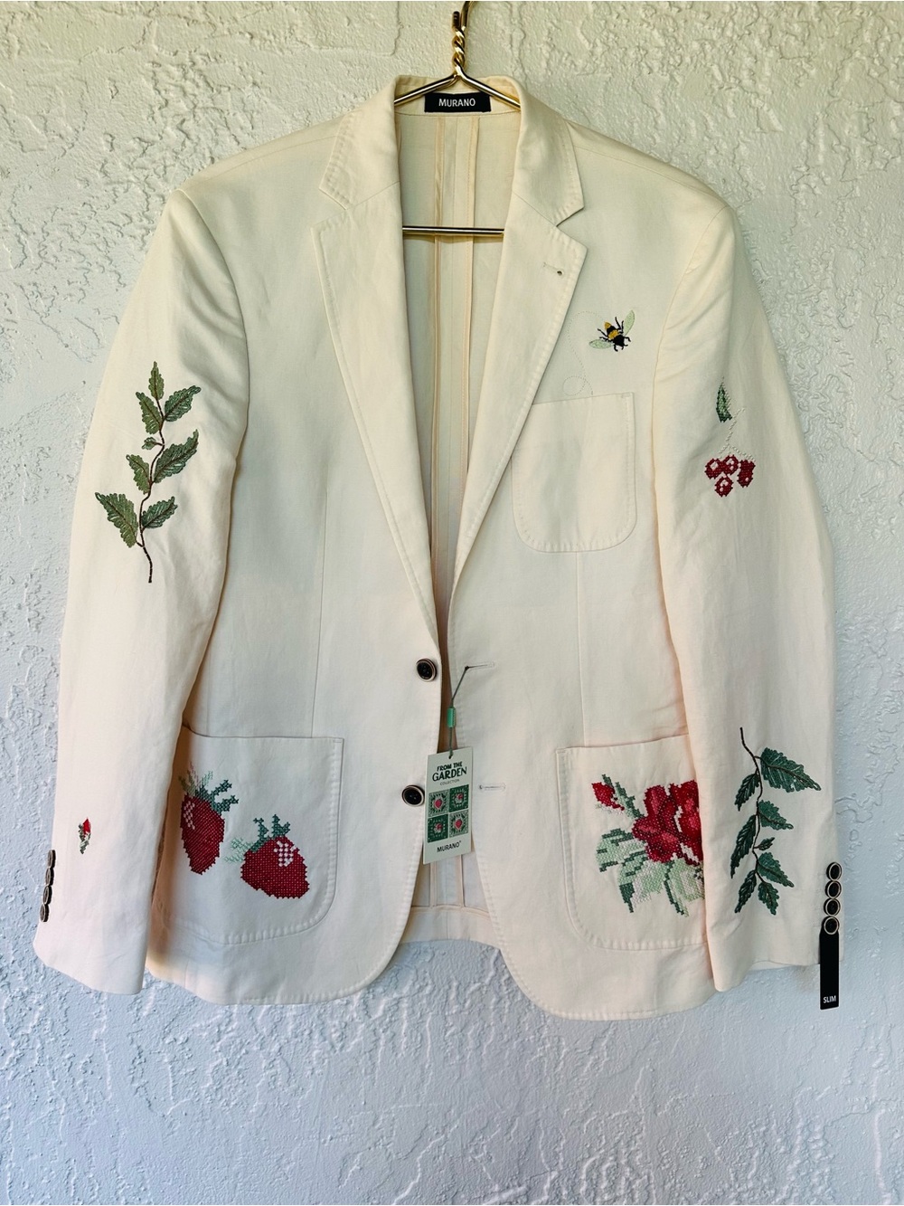 New Murano Garden Collection Embroidered Linen Cotton Floral Bee Blazer Jacket - Picture 3 of 11